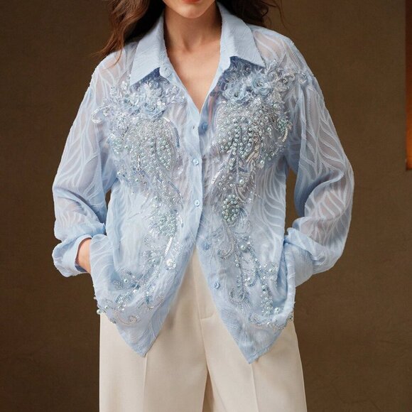 Baby Blue Elegant Women's Embellished Floral Semi-Sheer Long Sleeve Blouse - Picture 3 of 7